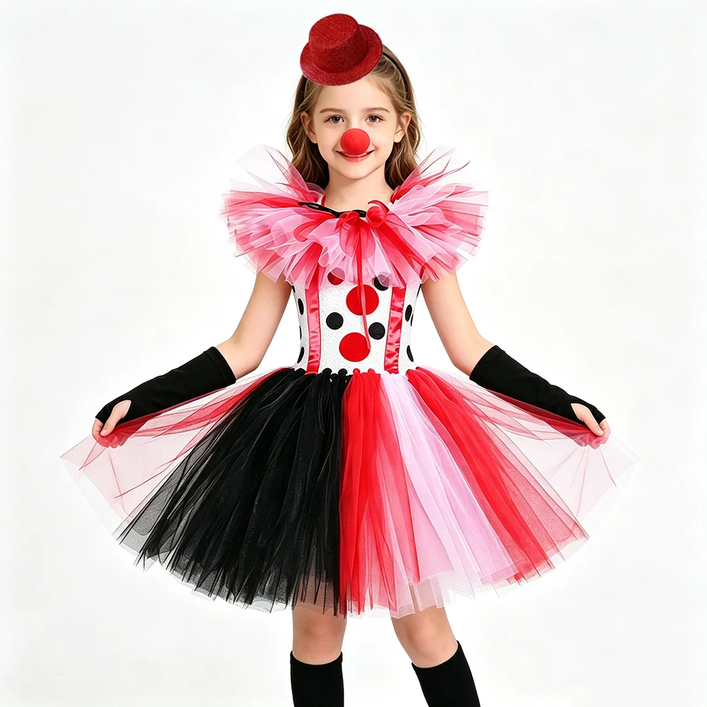 Girls Halloween Clown Costumes Kids Carnival Circus Performer Tutu Dress Set Comic Performance Outfit with Red Hat Hairpin Nose