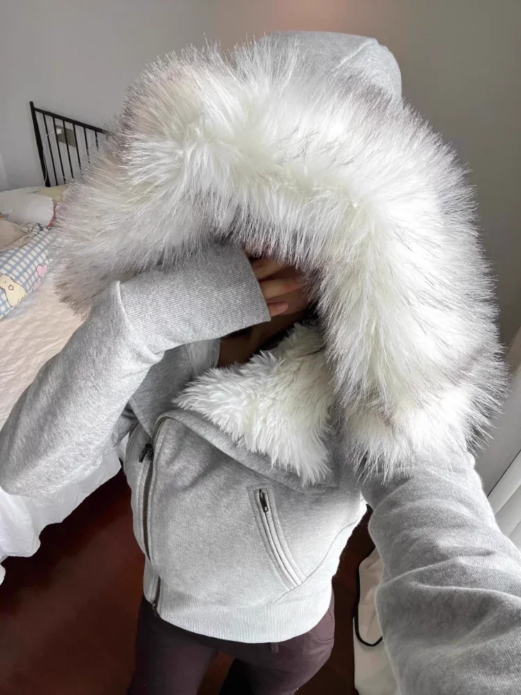 Grey Fur Collar Hooded Cardigan Jackets 2025 Autumn New Patchwork Coat Women Y2k Long Sleeve Zipper Tops Mujer Sweatshirts