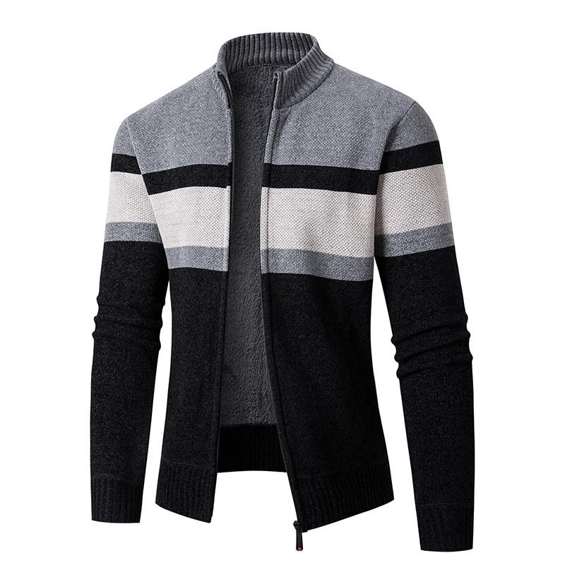 

Men's New Winter Sweater Thick Fleece Warm Sweater Casual Stand Collar Zipper Cardigan Fashion Striped Coat