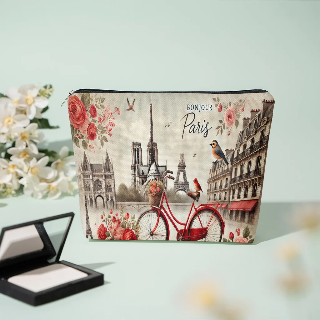 1 Piece Paris Romantic Scenery Cosmetic Bag - Women's Multifunctional Zipper Bag, Perfect Travel Zipper Storage Bag, Fun Birthday Gift