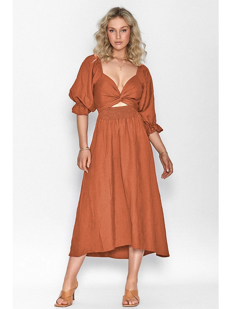 

Elegant Women's V-neck Tie String Waistband Ruffles Balloon Sleeve Dresses Versatile Solid Color Long Summer Dress for Women