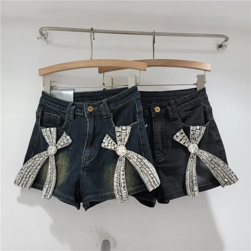 Spring/summer Women 3D Bow Diamonds Beaded Denim Shorts Wide Legs Jeans Short Trousers Cowboy Crystal Hot Pants Streetwear