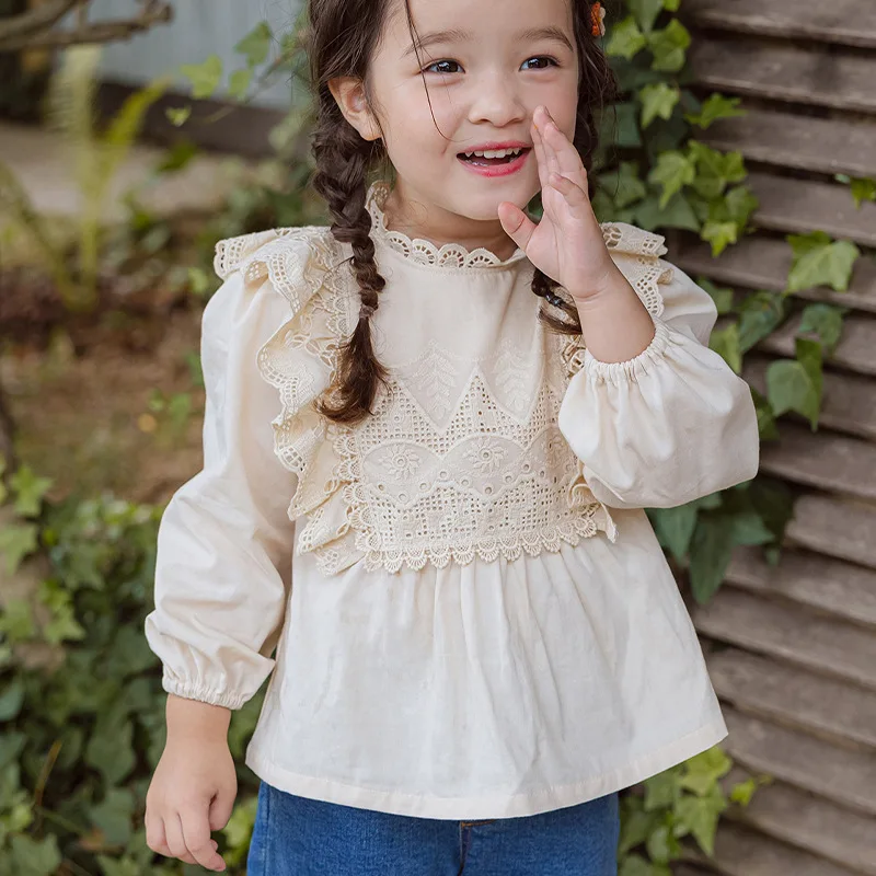 2024 Autumn Strawberry Shan Korean Children's and Girls' Exquisite Embroidered Pattern Hollow Out Philippine Border Doll Shirt