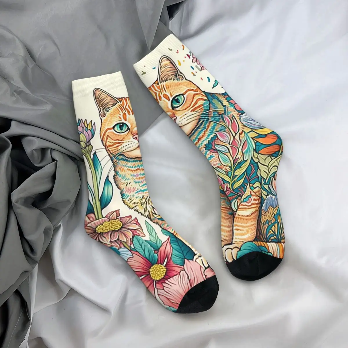

All Seasons Crew Stockings Colorful Cat And Flowers Blossom Socks Crazy Hip Hop Long Socks for Men Women Valentine's Day Gifts