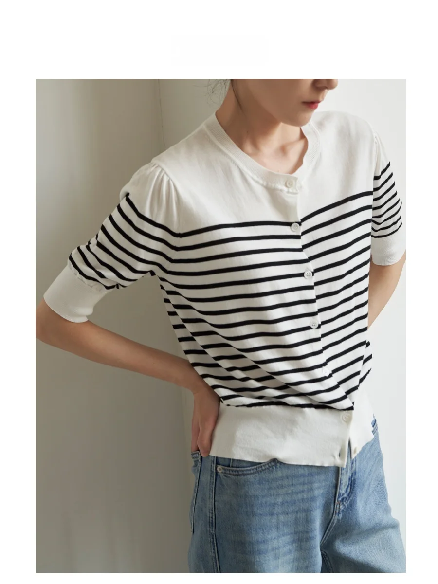 

LIMONN Vintage round Ne Striped ort Sve Knitted Open Cardigan Women's Commute Versatile Top Spring Summer