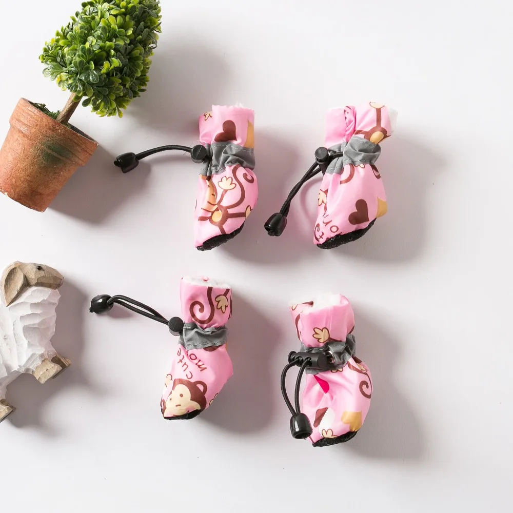 

4 шт./компл., противоскользящая обувь для собак, носки с рисунком обезьяны, непромокаемые сапоги для домашних собак, водонепроницаемые, с флисовой подкладкой