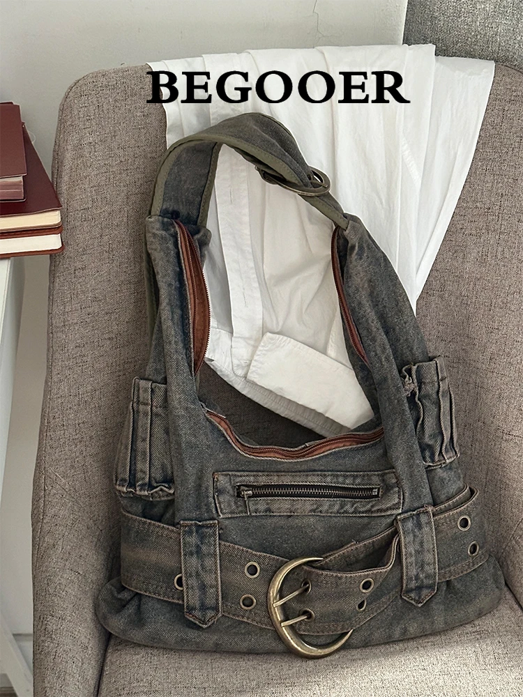 BEGOOER American Retro Washed Denim Underarm Bag Women Y2K Spicy Versatile Large Capacity Single Shoulder Crossbody Bag