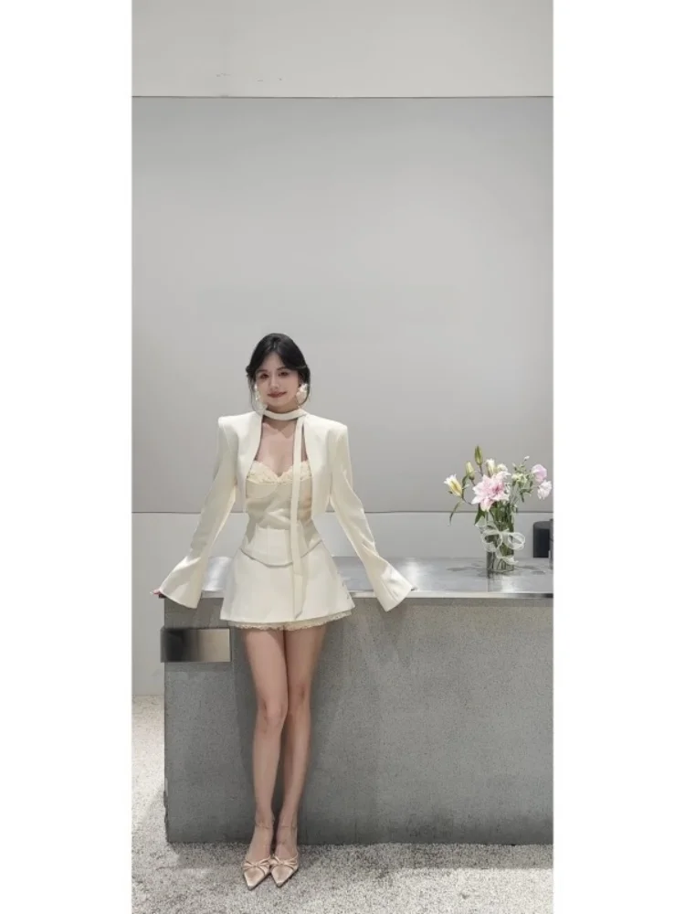 

Chic f-length Skirt Set Women's Sle Bouillabaisse Faion Outerwear Strap Casual Long Sve High Waist Autumn Wear