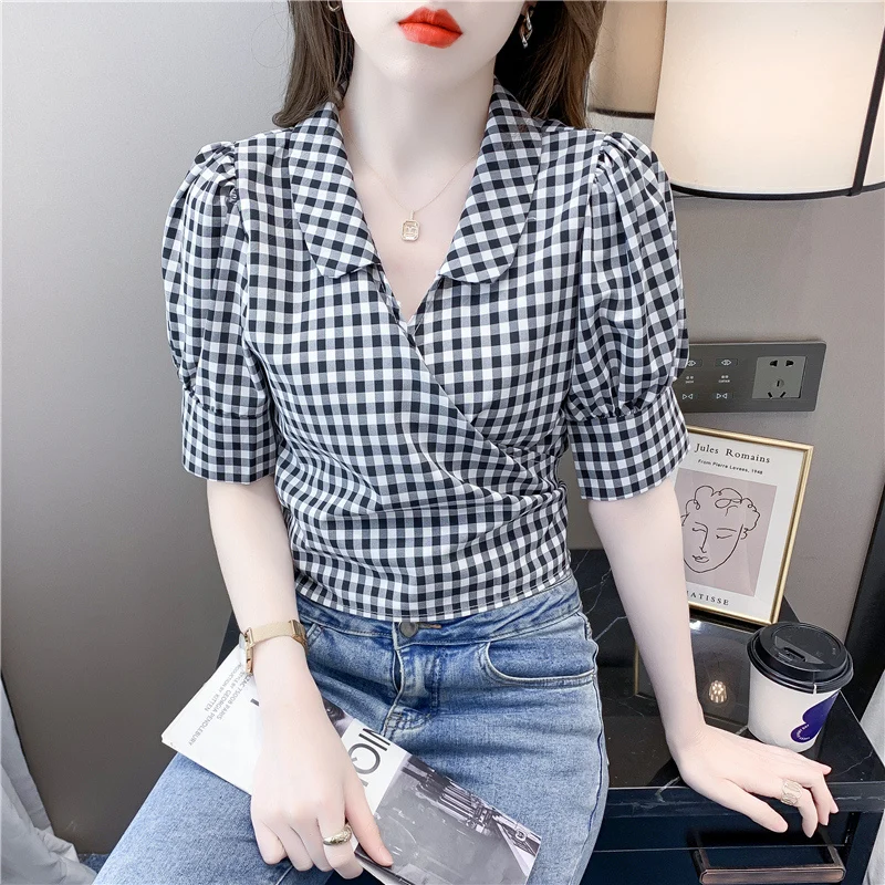 Summer 2024 Women\'S Clothing Fashion Plaid Short Sleeve Shirt French Waist Puff Sleeve Short Top Hot Girl Pink Shirt