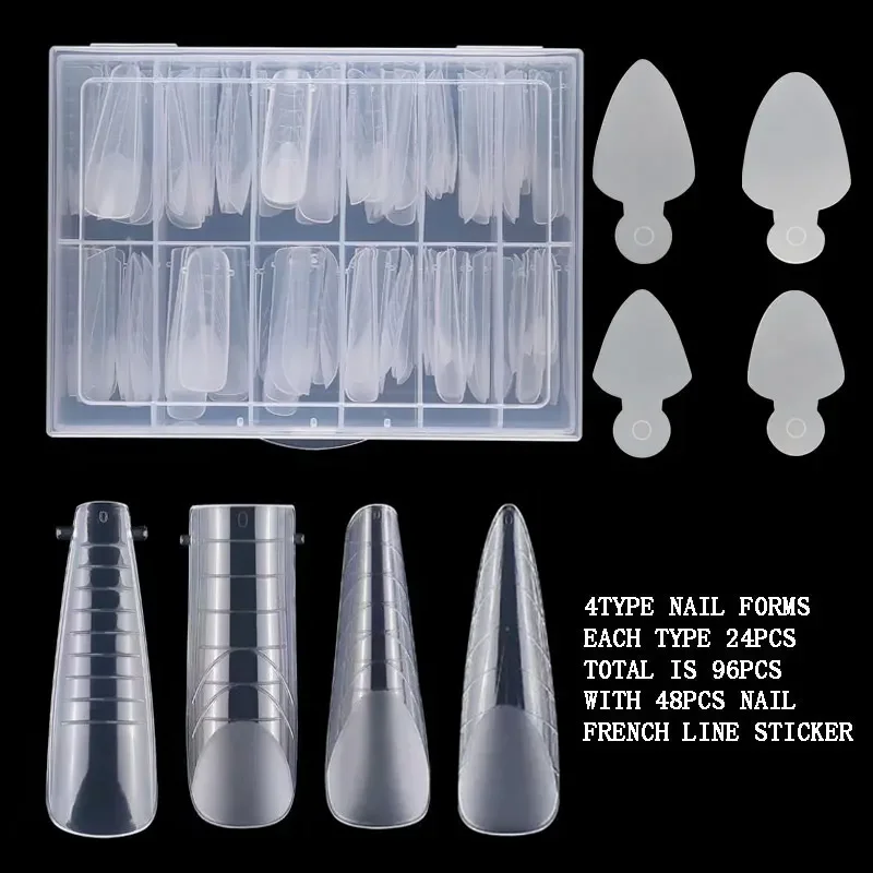 

96Pcs Dual Forms Nail Extension Mold with 48Pcs French Sticker Line Set for Fake Nail Top Forms Quick Building UV GEL Mold