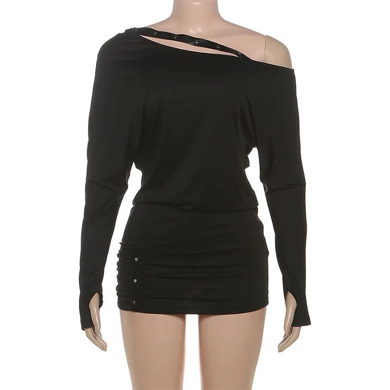 Mini robe moulante Sexy pour femmes, Rivets, épaules inclinées, manches longues, hanches pêche, vêtements de boîte de nuit, Streetwear décontracté, automne 2025