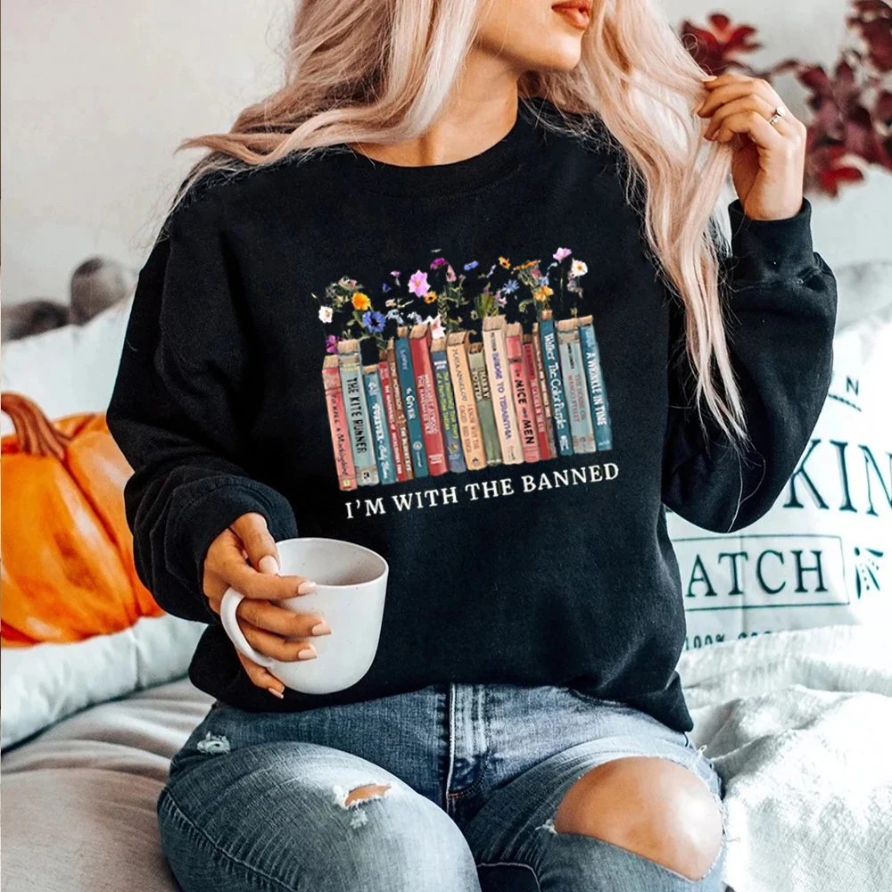 سويت شيرت I'm with The Banned Books، هدية لمحبي القراءة لمحبي المكتبة، سترة مدرس القراءة، سترة بغطاء للرأس على شكل كتاب زهري، رجل وامرأة