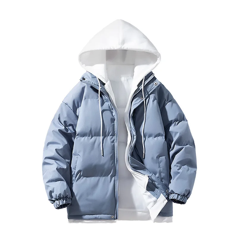 KIDWHXR Thicken Jacket Man Winter Korean Contrast Color Male Fake Two-piece Parkas Coat Loose Casual Men Hooded Outerwear