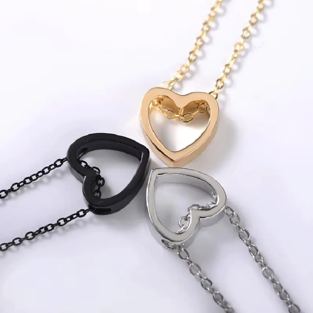 FSUNION Simple Women's Hollow Pendant Necklace Heart Design Black Gold Plated Fashion Jewelry Gifts Sliver Color Metallic Chain