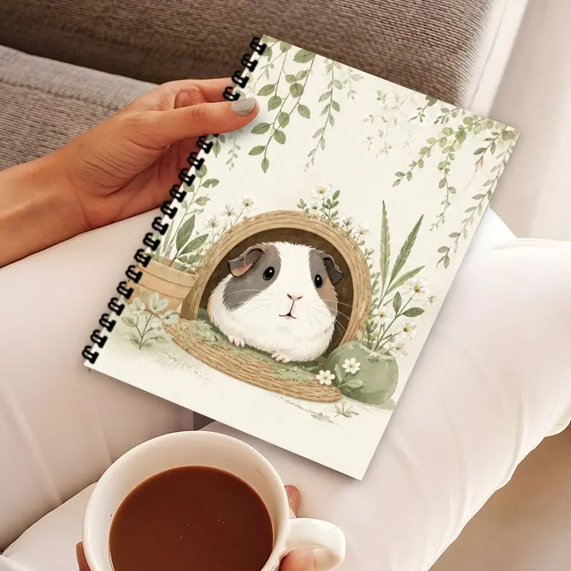A5 Spiral Notebook,Cute Watercolor Guinea Pig Greenery Floral Pattern Composition Notebook for Work, Meeting Notes, To Do List