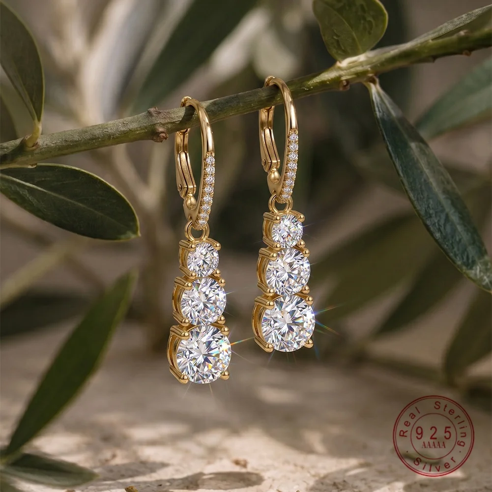 Three Stone Moissanite Dangle Huggie Hoop Earrings For Women 925 Sterling Silve14K Gold Plated Hypoallergenic Fine Jewelry Gift