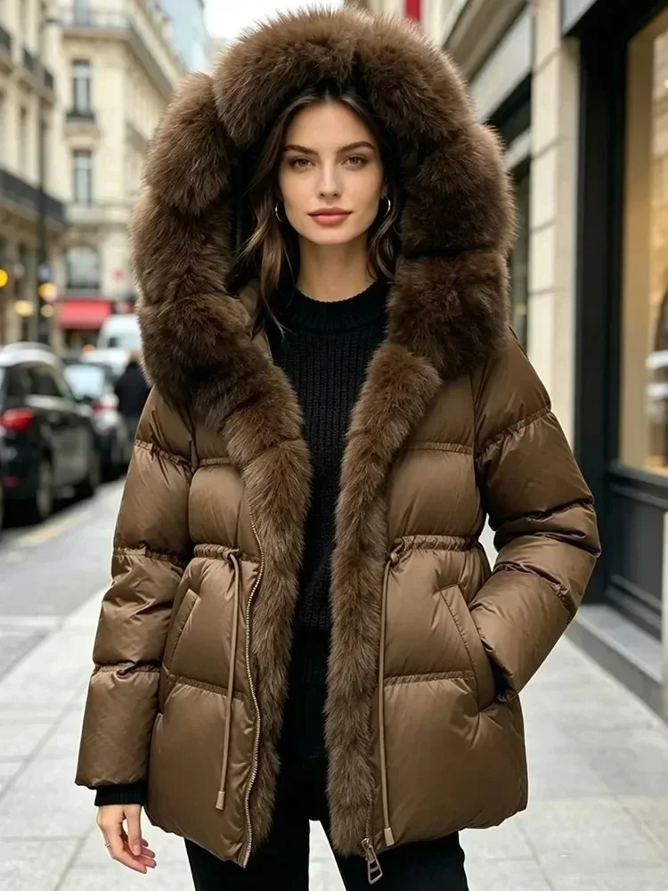 Women's Down Jacket Puffer Coat with Natural Real Fur Collar Thick Hooded Goose Down Coat Warm Winter Street Style for Lady