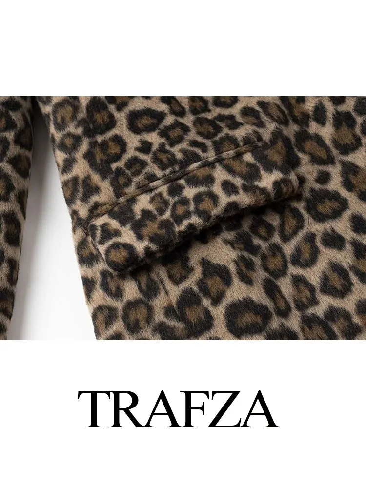 TRAFZA Women Vintage Leopard Blazer Single Buckle Lapel Pocket Decorate Long Sleeves Coat Female Fashion Chic Jackets Streetwear