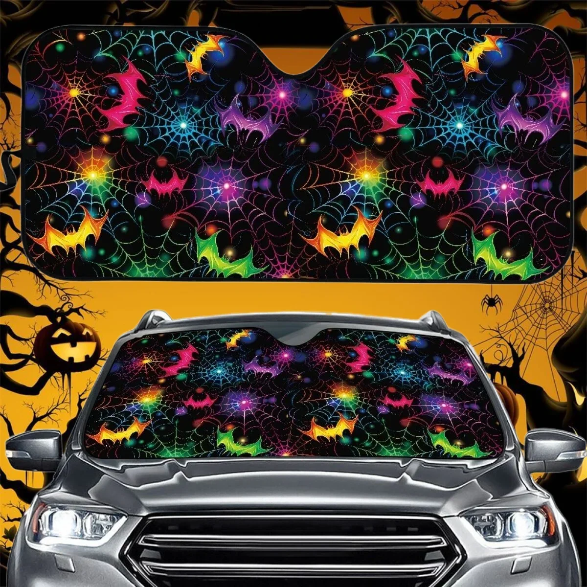 Auto Sun Visor Universal Halloween Decor Spider Web/Bat/Pumpkin/Skull/Pattern Car Interior Accessories for Truck SUV Van Sedan