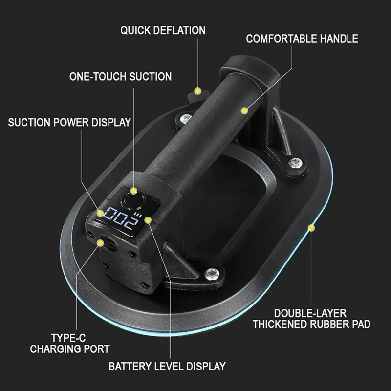 200KG Load Industrial Grade Electric Vacuum Suction Cup Heavy Duty Granite Tile Glass Lifter 1800mAh Battery With Type-C Cable