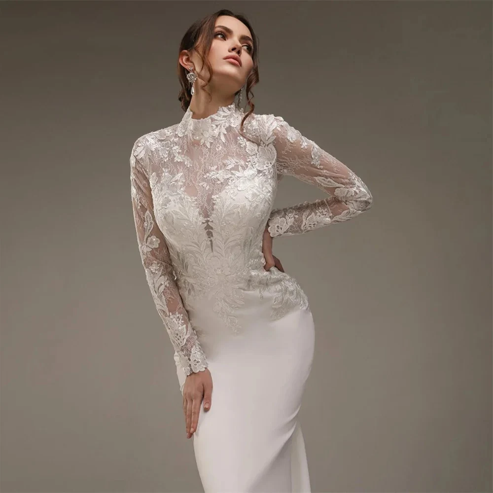 Luxury Mermaid Bridal Gowns 2024 High Collar Long Sleeve Lace Wedding Dress Customized High Quality Princess Bride Dresses