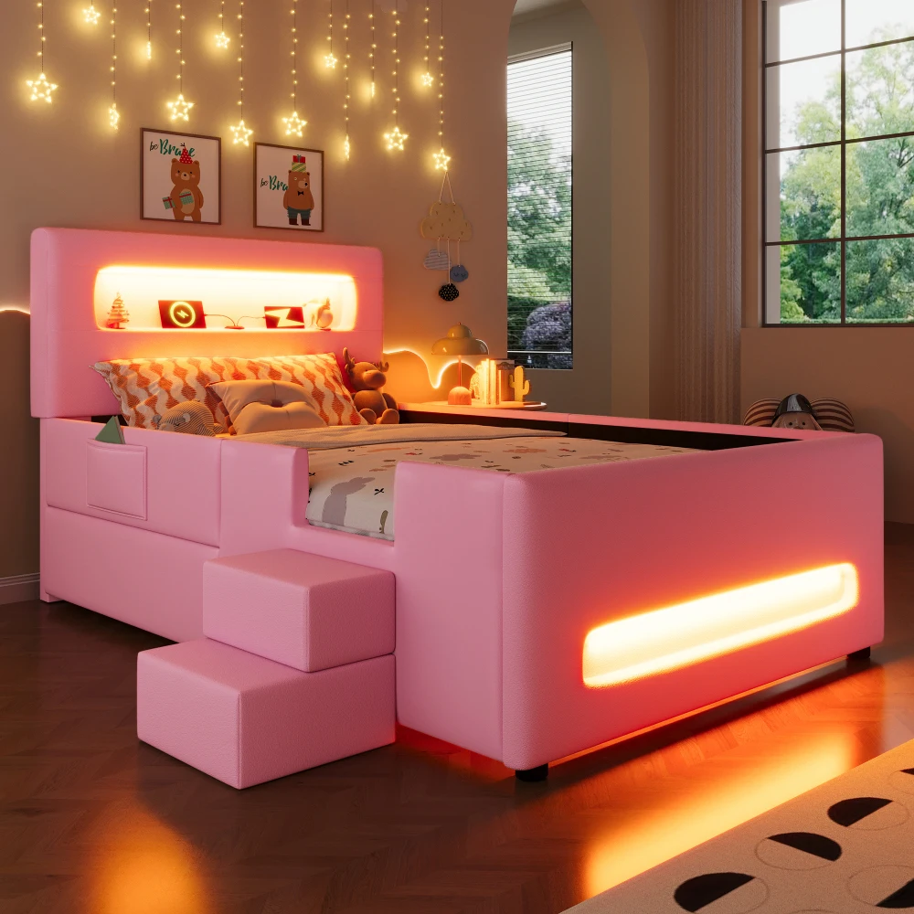 90×200cm gepolstertes Plattformbett – Treppen- und Schubladenaufbewahrung, LED, USB-Anschlüsse und Aufbewahrungstaschen, multifunktionales Bett ohne Matratze