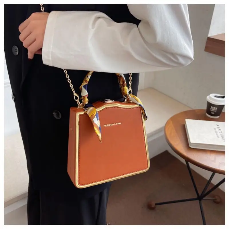 Box Bag with Scarf Handle Vintage Square Totes Pu Leather Handbag And Purse For Women New Fashion Brand Shoulder Crossbody Bag