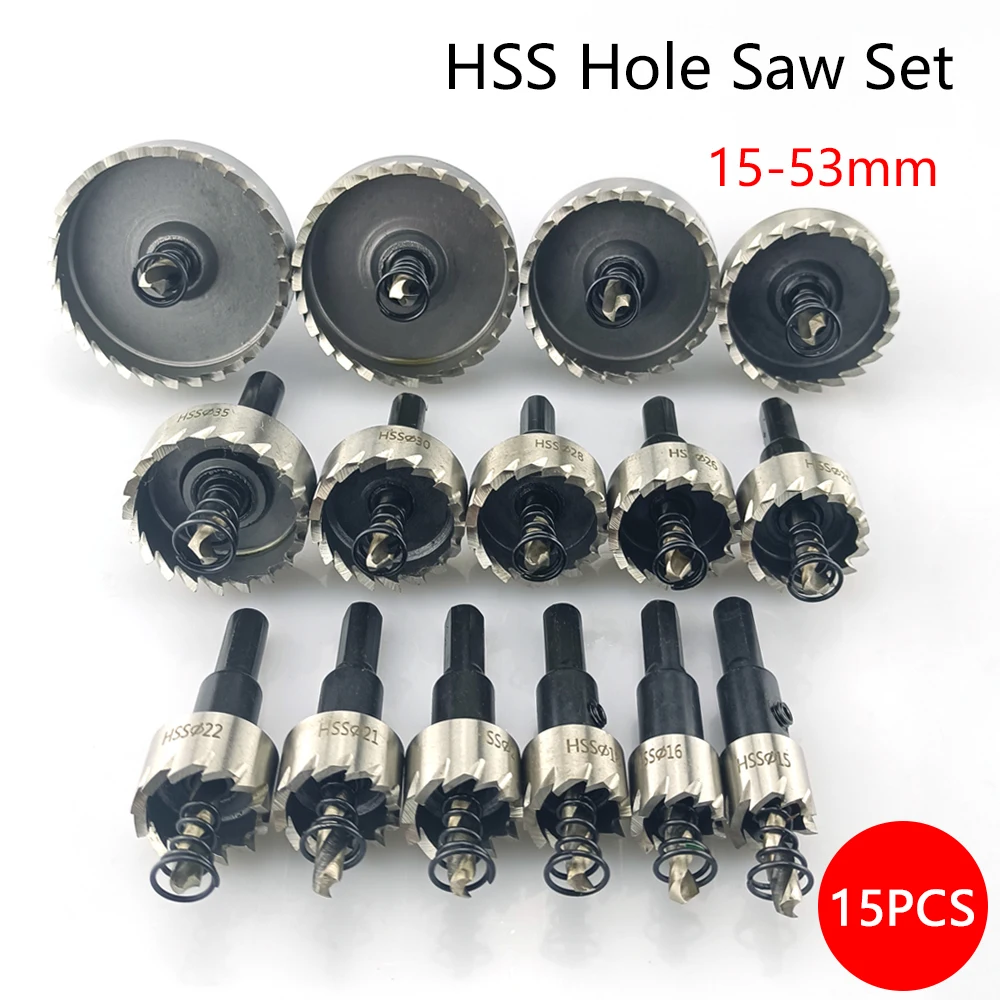 15 Pcs 15-53mm HSS Hole Saw Set High Speed Steel Drill Bit Drilling Crown for Metal Alloy Stainless Steel Wood Cutting Tool