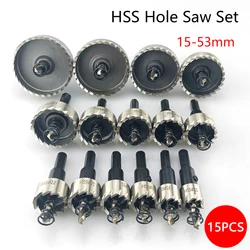 15 Pcs 15-53mm HSS Hole Saw Set High Speed Steel Drill Bit Drilling Crown for Metal Alloy Stainless Steel Wood Cutting Tool