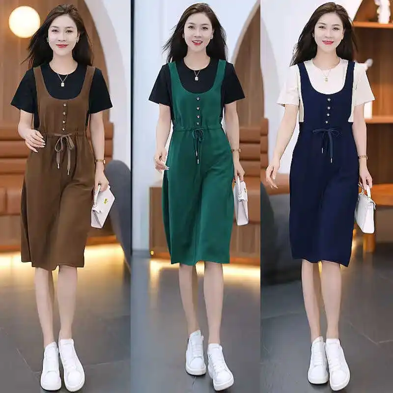 

Elegant Fashion Summer Dress Women's plus Size Korean Style A-Line Skirt round Neck Short Sleeve Casual Wear Thin Material