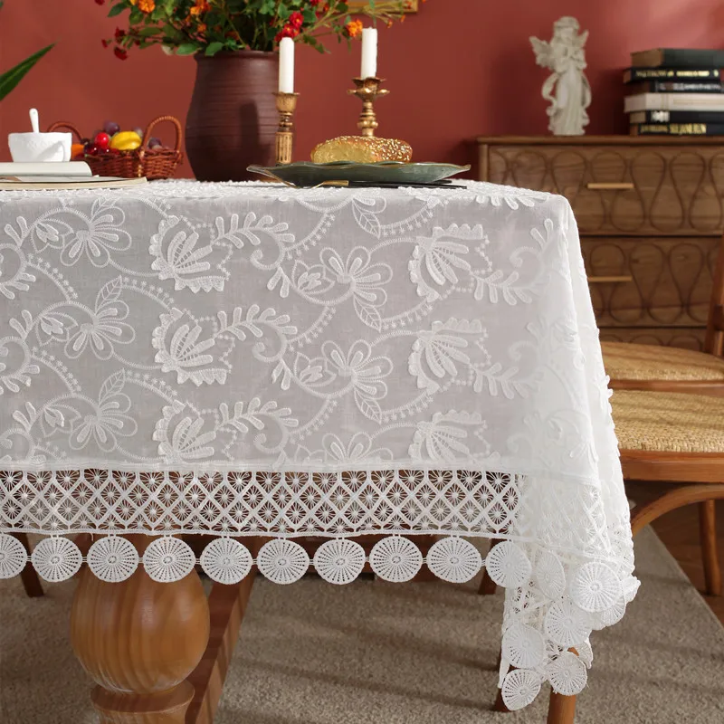 

French Lace Tablecloth with 3D Embroidered Vines, White Cotton Table Cover for Wedding & Dining Decor