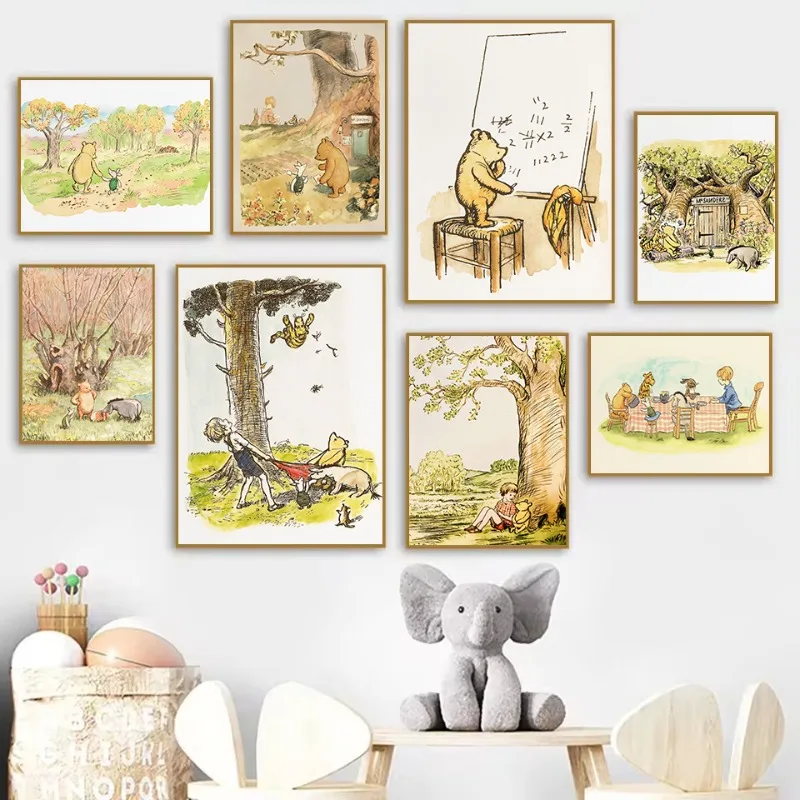 Retro Watercolor Classic Bedtime Story Little Bear Friendship Illustration Canvas Poster Wall Art Pictures Nursery Home Decor
