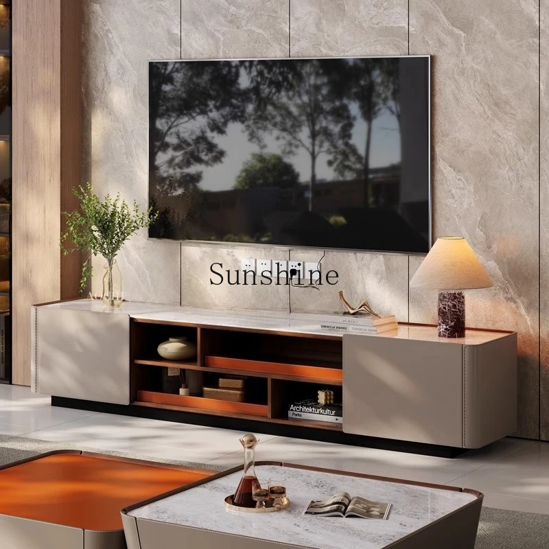 

Premium Italian minimalist TV cabinet, simple light luxury saddle leather marble floor cabinet in the living room
