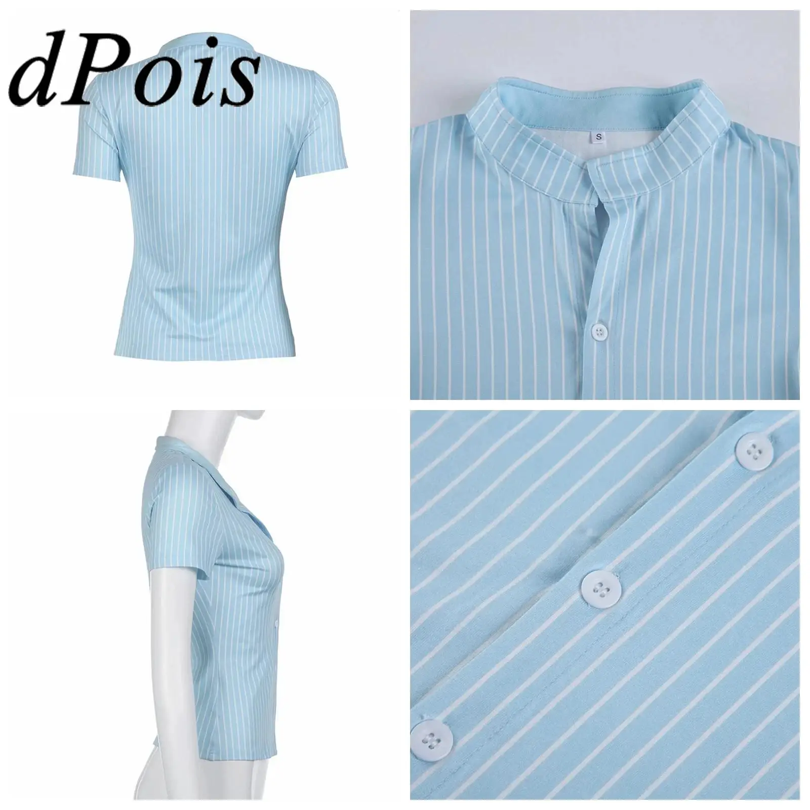 

Women Fashion Lapel Short Sleeve Stripe Button Closure Tops Blouse Shirts Summer Outfit for Work Commute Meeting Party Wear