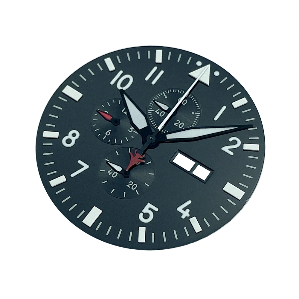 Black White 37.7mm Pilot’s Chronograph Watch Dial & Hands with Green Lume for Miyota Cal.0S00 Movement, 12-Hour Copper Design