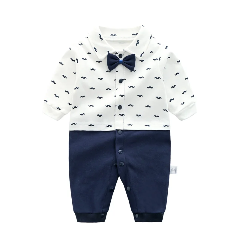 0-1 Year Old Newborn Boy Gentleman Style Bow Tie Baby Jumpsuit Long-Sleeve Romper for Boys One-Year-Old
