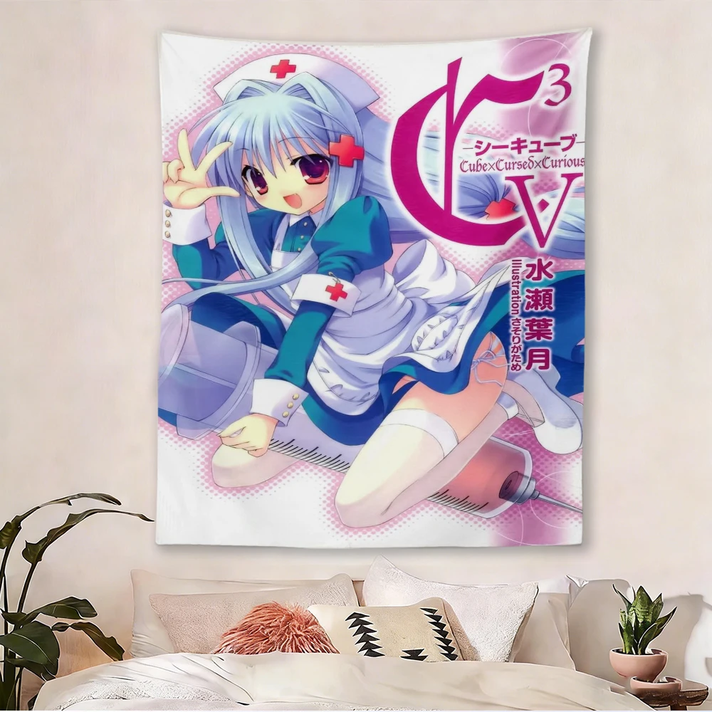 C-C³ Cube×Cursed×Curious Tapestry, Fear Kubrick Nurse Outfit Anime Wall Hanging, Pink Aesthetic Decor for Bedroom Dorm