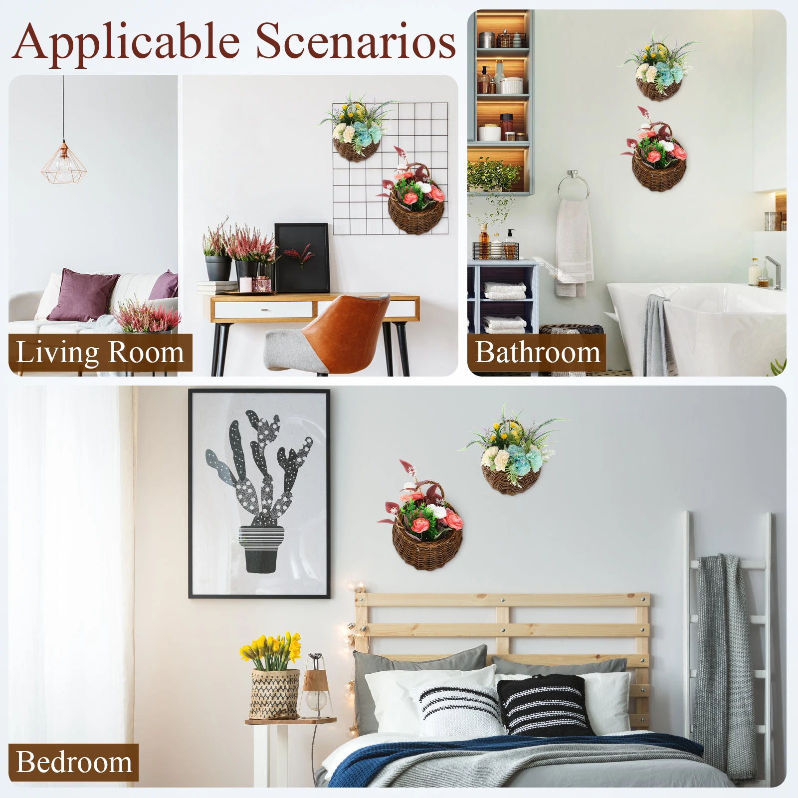 

2Pcs Rattan Wall Hanging Flower Basket Elegant Lightweight Multi-Functional Storage Basket Home Decoration Plant Holder