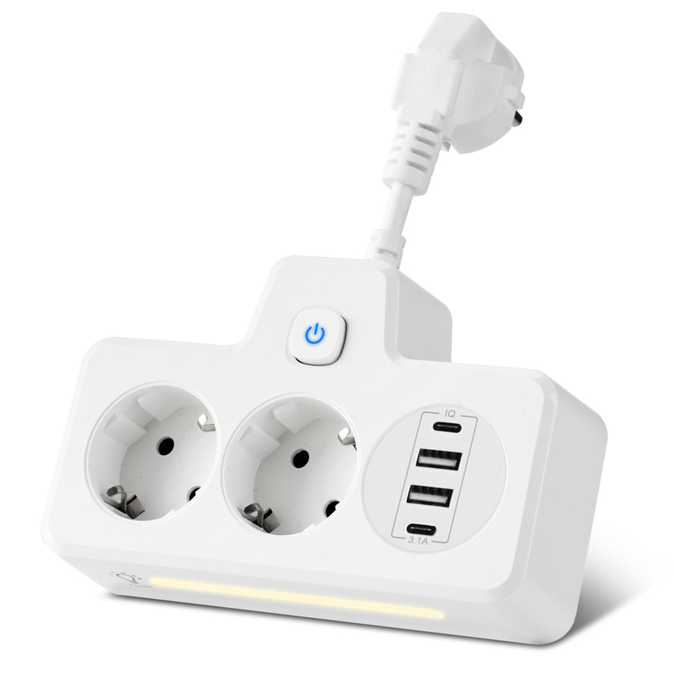 Ourlife 3250W European Style Plug Socket With USB And Type-C Port 2 Outlets Home Socket Extension Socket With Night Light