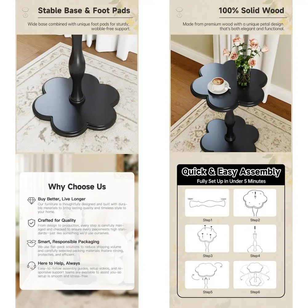 

Винтажный приставной столик на пьедестале из массива дерева, акцентный столик в форме цветка для гостиной, спальни или зоны отдыха, идеально подходит для кофе.