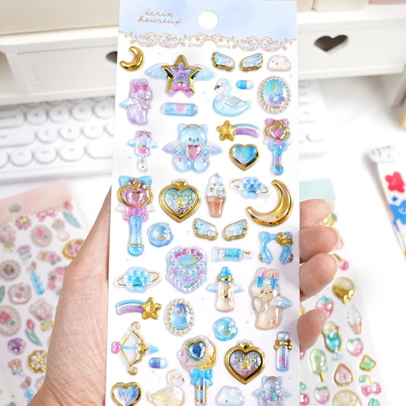 

3D Crystal Aesthetic Embossed Stickers Japanese Elegant Cartoon Stickers for Phone Case Decoration DIY Scrapbook Journal Sticker