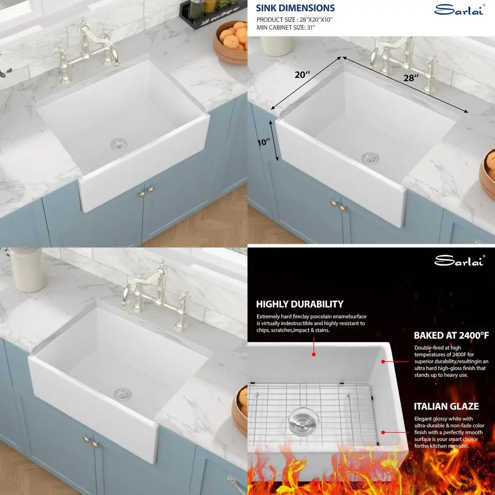 

White Farmhouse Style 28x20 Inch Single Bowl Porcelain Vitreous Fireclay Kitchen Sink with Apron Front Design