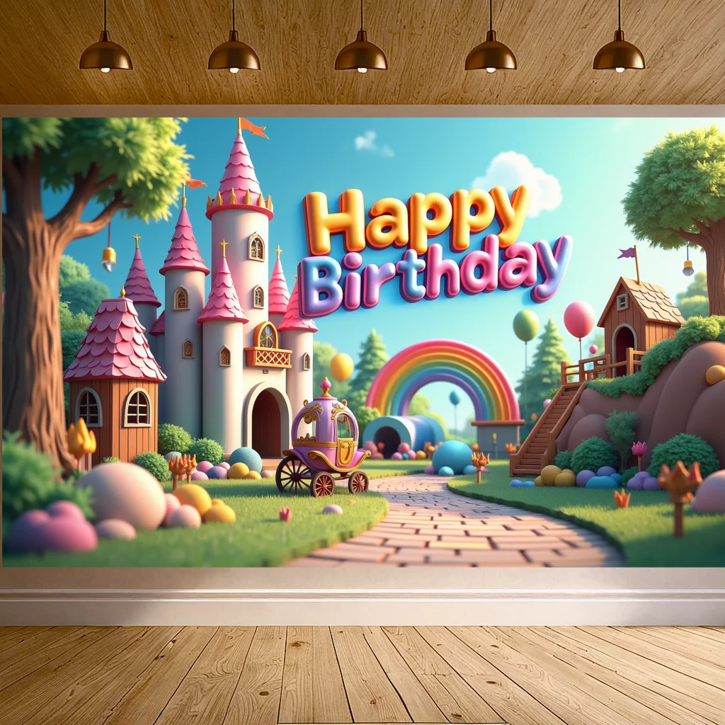 Happy Birthday Fantasy Castle Backdrop Rainbow Fairy Tale Theme Party Celebration Decoration Photo Booth Background Banner