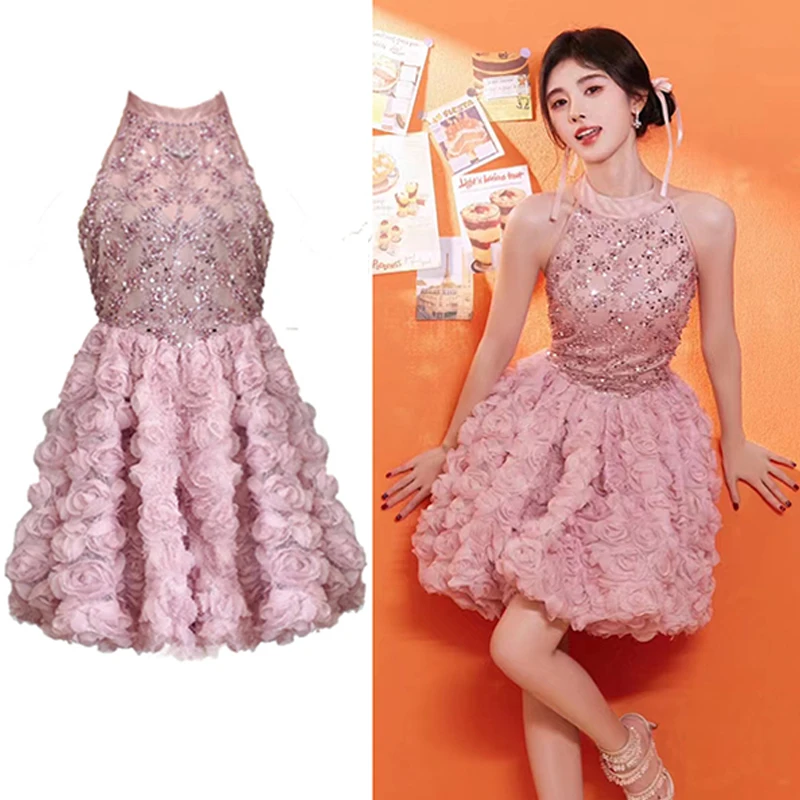 2023 Pink Floral Dress Women Sequin Vest Dress Luxury Birthday Party Clothing Y2K Kpop Performance Outfits Evevning Dress JL5851