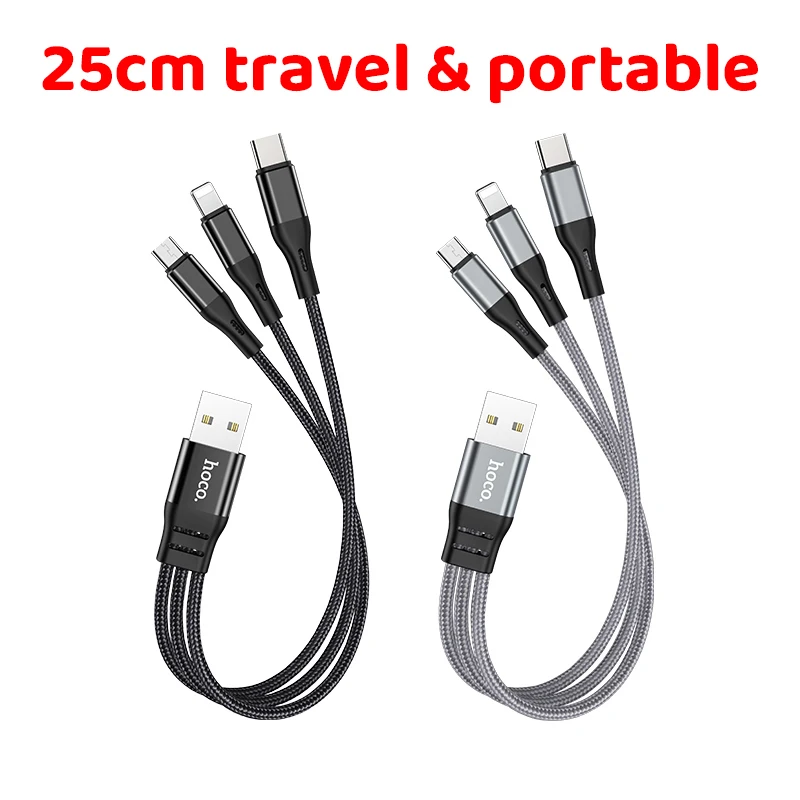 Cable USB 3 en 1 de carga corta HOCO de 25cm y 1m para Huawei para iPhone 13 12 11 Pro, Cable Micro USB tipo C de carga rápida para Samsung