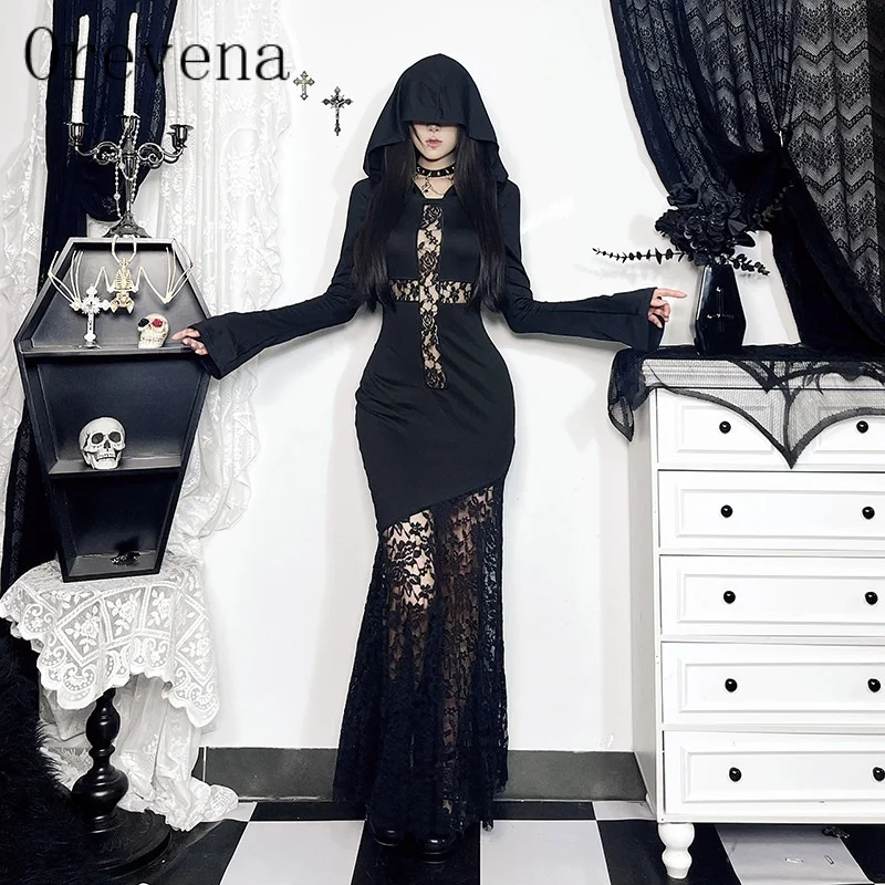 2026 Y2K Gothic Kapuzen-Meerjungfrauenkleid, Dunkles Wasteland Langarm Bodycon-Kleid, Sexy Spitzen-Patchwork-Kleid für Halloween-Party