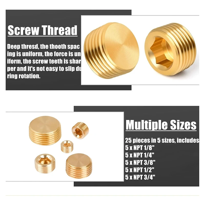 Pipe Plug Fitting,1/8 1/4 3/8 1/2 3/4In Male Internal Hex Thread Socket Pipe Plug Fitting Assortment Kit