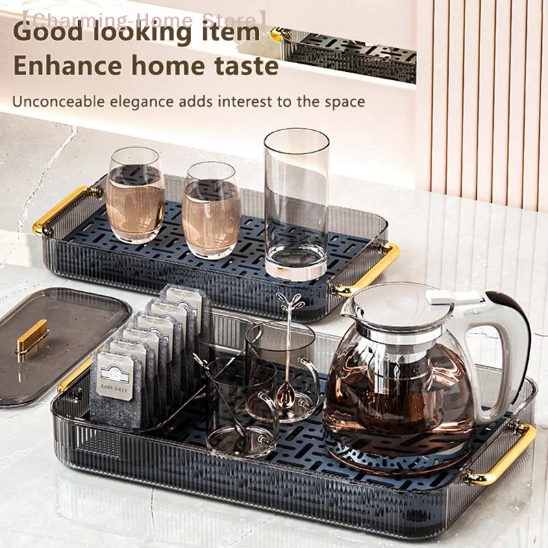 【M】ECO Double-Layer Transparent Tea Tray Cup Drying Rack With Multi-Purpose Storage Box For Tea And Coffee Featuring Handle