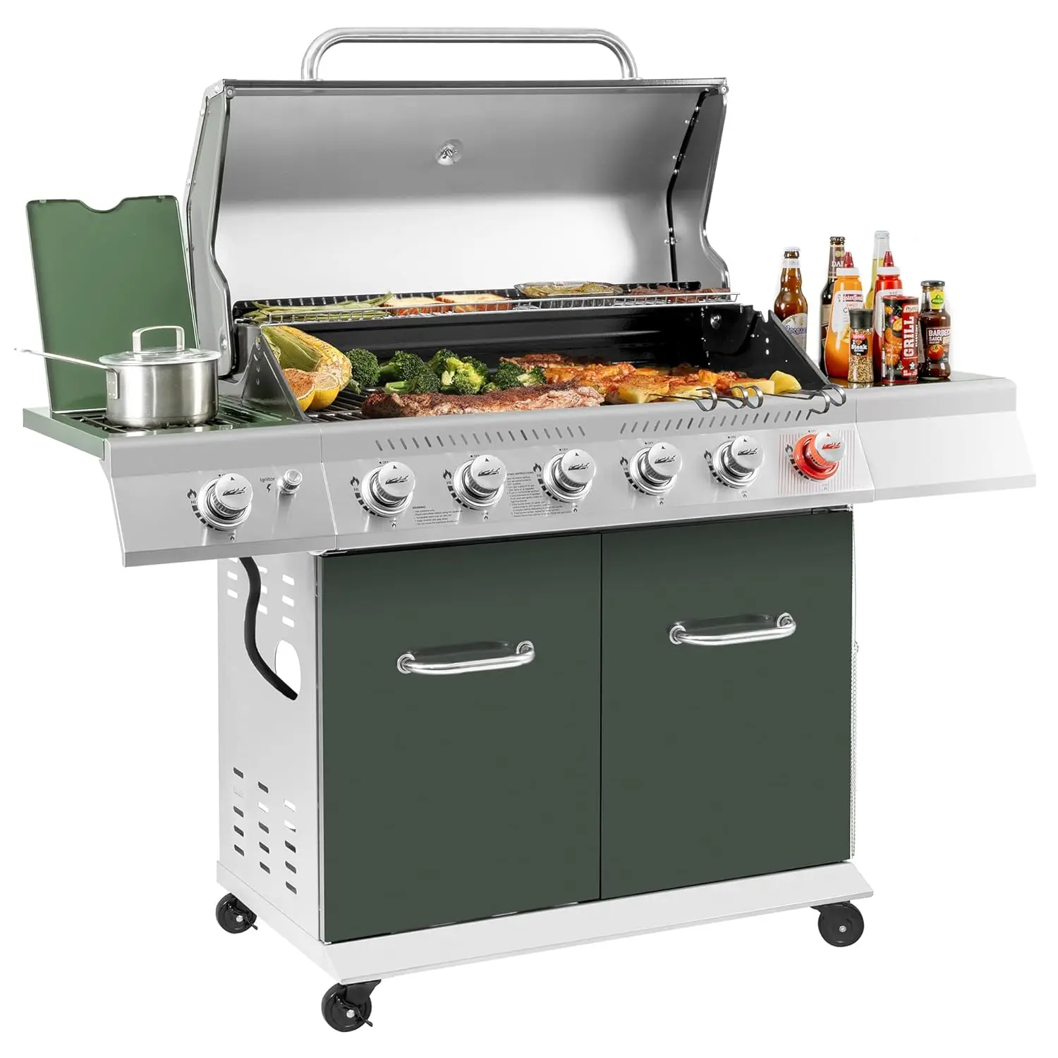 

GA6402L 6-Burner BBQ Liquid Propane Gas Grill in Olive Green, with Sear Burner and Side Burner, 74,000 BTU, Cabinet, Customized