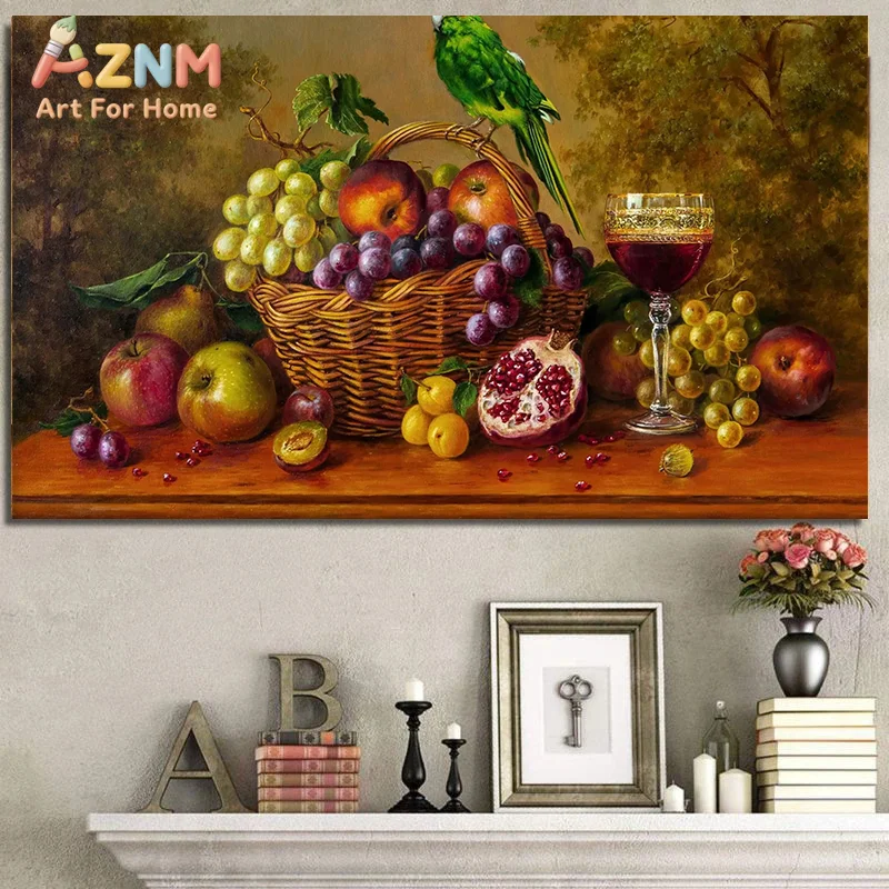AZNM Classic Fruit Still Life Canvas Wall Art Vintage Oil Painting Grape Wine Glass Butterfly Antique Table Decor Picture Unfram